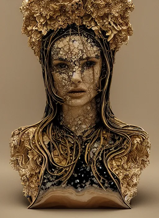 Image similar to beautiful romantic marble sculpture of natalie portman, oil slick, palladium veins, dripping, mandelbulb, hypercube, ivory carving, fractal paisley inlay, lace, intricate, elegant, highly detailed, gold inlay, metallic, ivory, artgerm, lace, by ruan jia, greg rutkowski, mucha, wlop, gil elvgren, nick alm