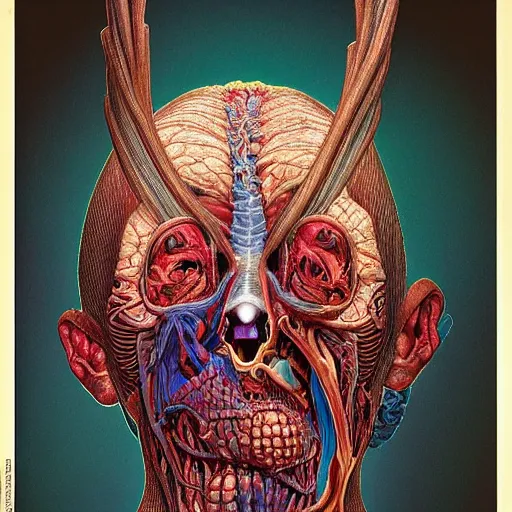 Image similar to nightmare etherreal iridescent vascular nerve bundles pearlescent spinal chord horror by naoto hattori, zdzislaw, norman rockwell, studio ghibli, anatomical cutaway