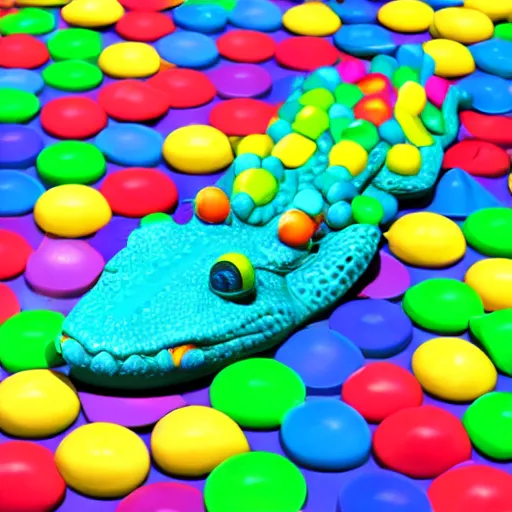 Image similar to a crocodile made entirely out of gumdrops, candyland background, cinematic lighting, product photography, 3 d render