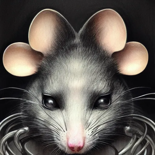 Image similar to a photograpic portrait of a anthropomorphic mouse wearing black clothes, black hair, grey skin, grey mouse ears, fantasy, intricate, elegant, highly detailed, digital painting, artstation, smooth, sharp focus, illustration, art by artgerm and H R Giger and alphonse mucha