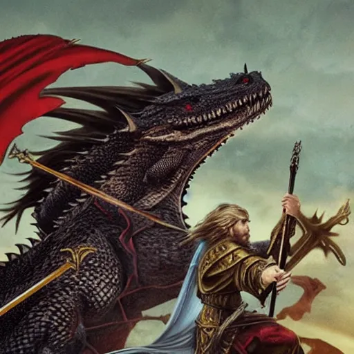 Prompt: King Arthur killing dragon