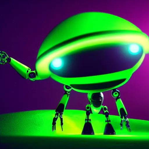 Image similar to an illustration of the full body of an alien robot with glowing green eyes in an unknown planet, hyperrealistic, octane render, 3D