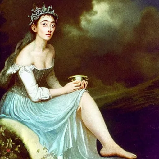 Prompt: A 18th century, messy, silver haired, (((mad))) elf princess (Kate Winslet), dressed in a ((ragged)), wedding dress, is ((drinking a cup of tea)). Everything is underwater and floating. Greenish blue tones, theatrical, (((underwater lights))), high contrasts, fantasyconcept art, inspired by John Everett Millais's Ophelia