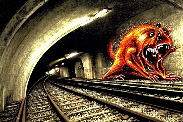 Image similar to very large giant mutant zombie irradiated ( angry rat ) staying on railways in tonnel of moscow subway. tonnel, railways, giant angry rat, furr, fangs, very realistic. extreme long shot, rusty colors, ( herman nitsch, giger )