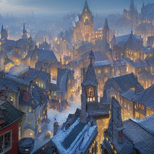 Image similar to an ultra detailed matte painting of the quaint town of galic, grid shaped city cobblestone streets, fantasy city, light snowfall, wind, inspiring gothic architecture, ultrawide lense, aerial photography, unreal engine, exquisite detail, 8 k, art by greg rutkowski and alphonse mucha