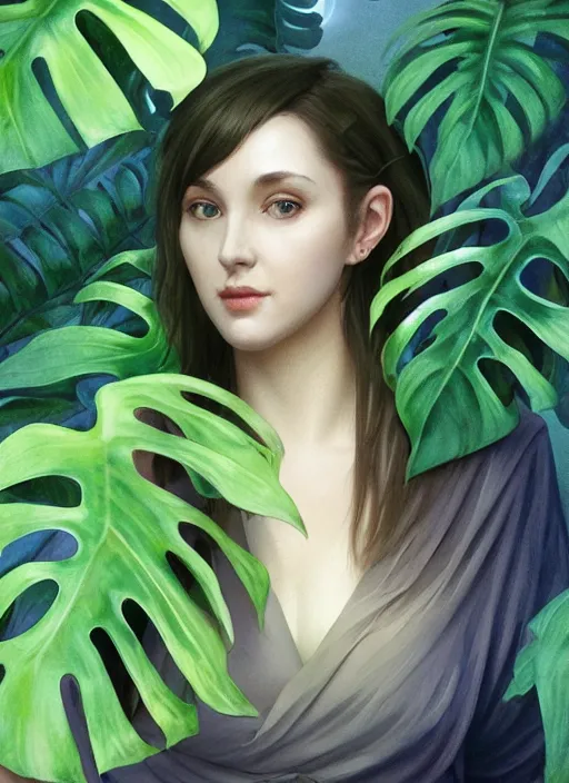 Image similar to a female druid with monstera leaf themed clothing, fully clothed, monstera leaves in the background, holding a glowing orb of leaves, volumetric lighting, D&D, fantasy, intricate, cinematic lighting, highly detailed, digital painting, artstation, concept art, smooth, sharp focus, illustration, art by Artgerm and Greg Rutkowski and Alphonse Mucha