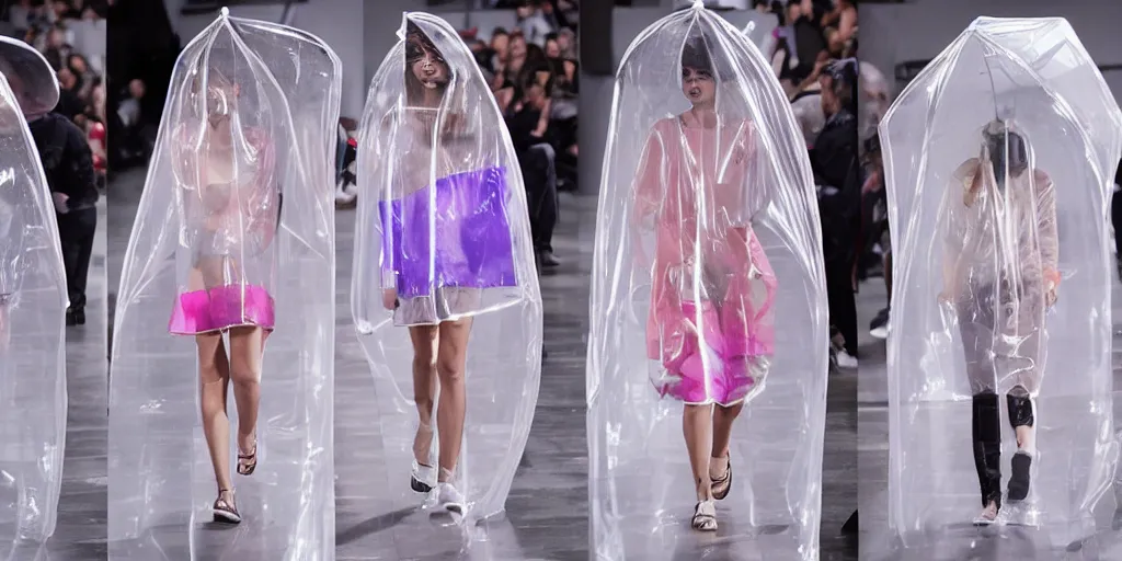 Image similar to catwalk fashion in transparent raincoats holding transparent umbrellas