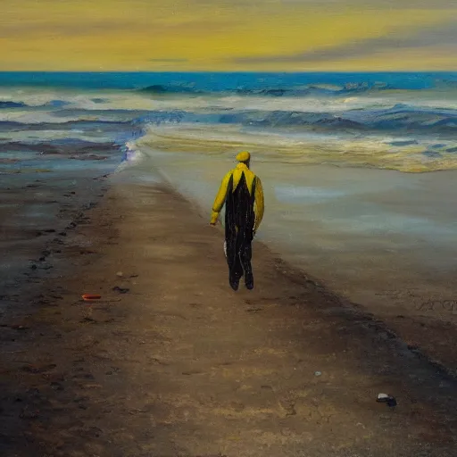 Image similar to a man in a hazmat walking on an abandoned beach, oil painting