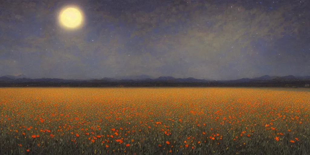 Image similar to field of flowers at night, lit by moonlight, landscape art by donato giancola and greg rutkowski, vintage retro, digital art, trending on artstation, symmetry!!, volumetric lighting