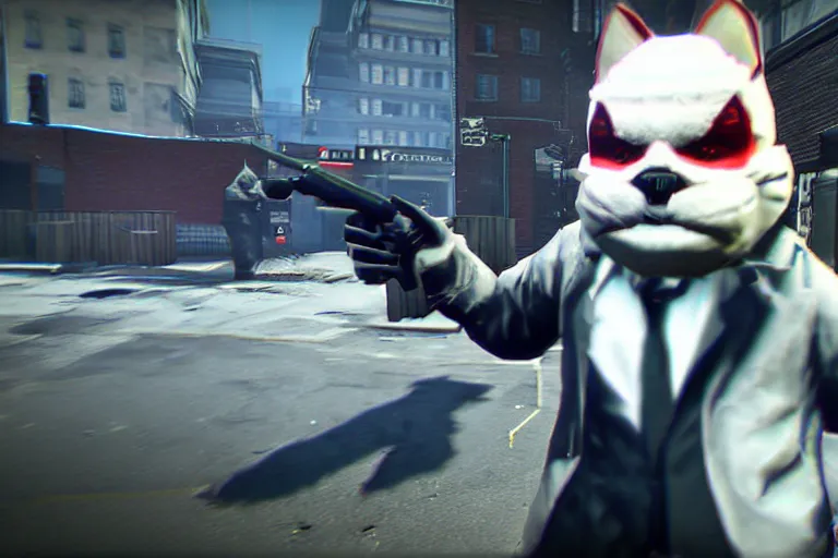 Image similar to Screenshot from the PC game Payday 2 demonstrating the fursuit unlock