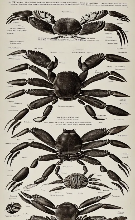 Image similar to a page of crab anatomy atlas, 1 9 0 0 s, highly detailed