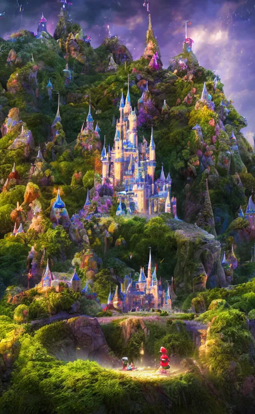 Image similar to microscopic castle on a hill, magical forest, community, robots, electric, furry, soft, concept art, intricate details, highly detailed, photorealistic, disney pixar, octane render, iridescent, anime, 8 k
