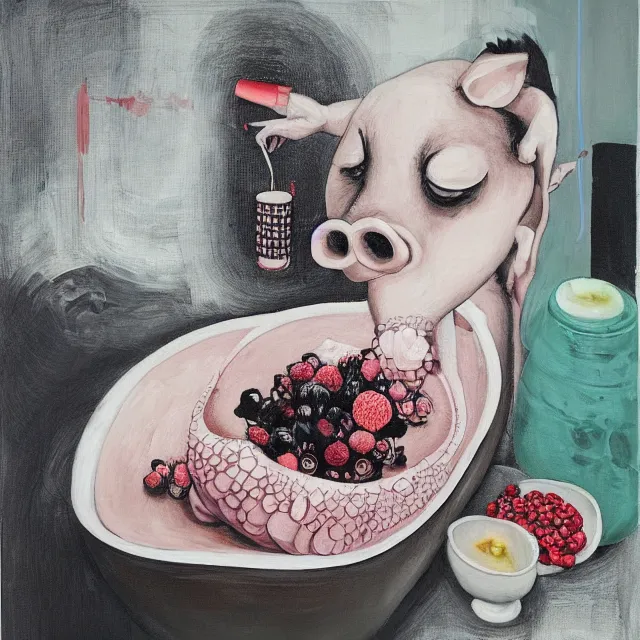 Image similar to “ a portrait in a female art student ’ s apartment, sensual, a pig theme, pork, bath, art supplies, surgical iv bag, octopus, ikebana, herbs, a candle dripping white wax, japanese pottery, squashed berries, berry juice drips, acrylic and spray paint and oilstick on canvas, surrealism, neoexpressionism ”