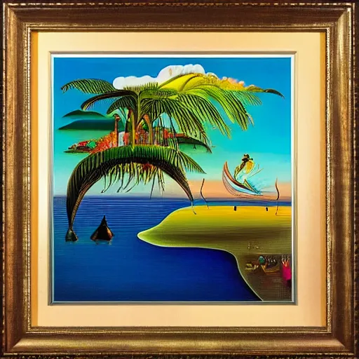 Image similar to a framed painting of a beautiful salvador dali tropical landscape