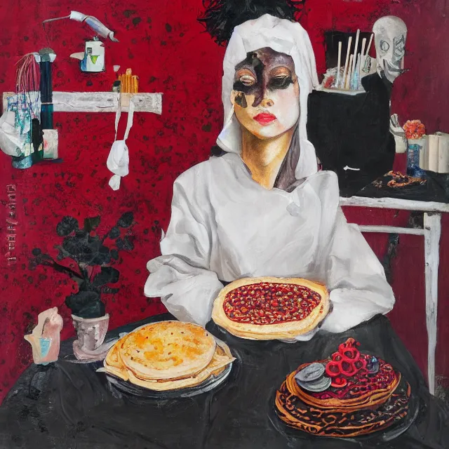 Prompt: a portrait in a female art student's bedroom, black walls, a woman sitting on a bed made of pancakes, honey dripping, berries dripping, chocolate, surgical supplies, ikebana, octopus, neo - expressionism, surrealism, acrylic and spray paint and oilstick on canvas