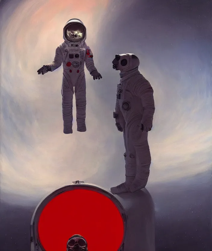 Image similar to a portrait of an astronaut with a skull head standing in front of the entrance to ethereal realm, cinematic and highly detailed oil painting by josep tapiro baro and edward hopper, trending on artstation, oil painting masterpiece, symmetry, mysterious, very aesthetic, cinematic and dramatic red light, 4 k,