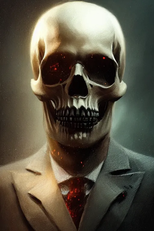 Image similar to concept art skull gentleman, close - up portrait, powerfull, intricate, elegant, volumetric lighting, scenery, digital painting, highly detailed, artstation, sharp focus, illustration, concept art, ruan jia, steve mccurry