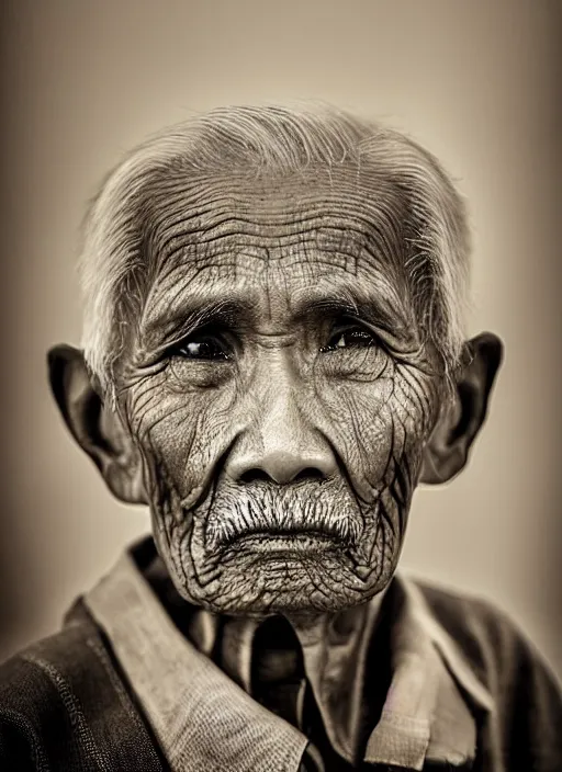 Prompt: portrait of a 1 1 0 year old man photo by rarindra prakarsa, muted colors, symmetrical face, he has the beautiful calm face of his mother, slightly smiling, ambient light