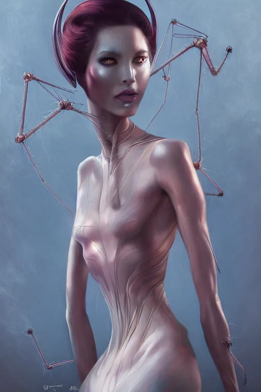 Prompt: portrait of an elegant alien spider queen, long legs, many legs, spindly legs, by artgerm, tom bagshaw, gerald brom, vaporwave colors, lo - fi colors, vaporwave, lo - fi, moody vibe, goth vibe, 4 k, hd,