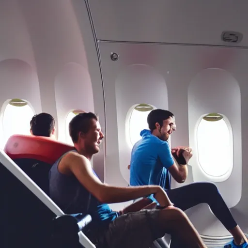 Image similar to a man is sitting in an airplane, watching his friends enjoy bouldering in a gym