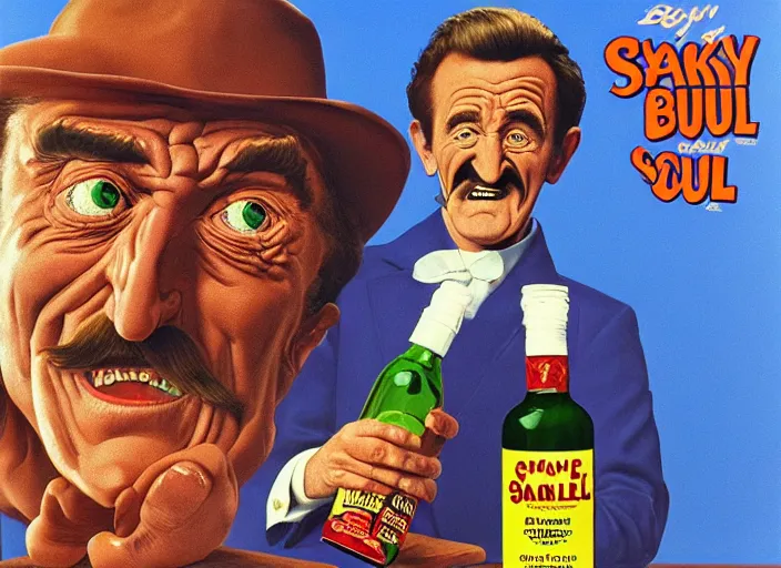 Image similar to barry chuckle drinking a bottle of snake oil, snake oil advertisement from 1 9 8 8, artwork by richard corben and rene magritte, 3 d, high resolution 8 k