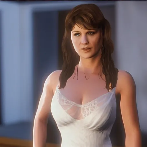 Image similar to young Lucy Lawless in a wedding dress in GTA 5.