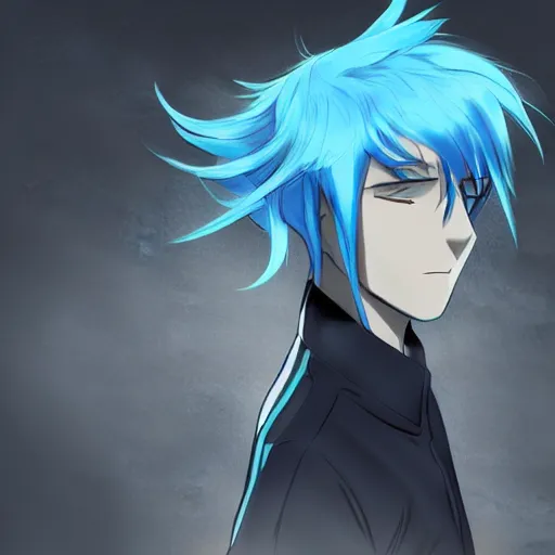 Image similar to concept art of a man with blue hair, anime style