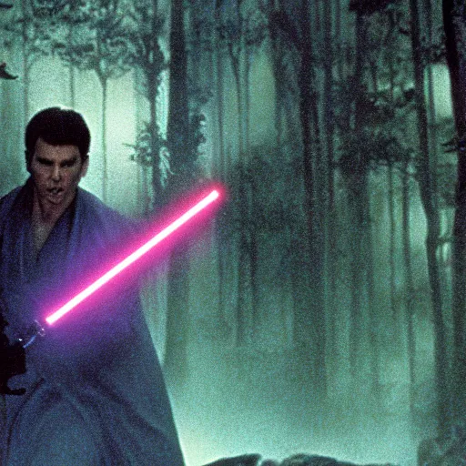 Prompt: 35mm film still jedi training with laser sword on an epic mountain, blade runner set in a rainy tropical forest, cool colors, moody, by Alex grey