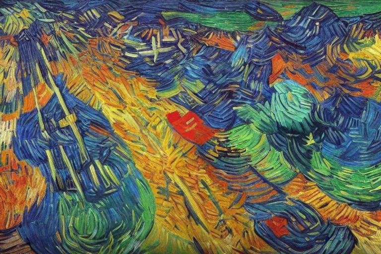 Prompt: a colorful chaotic masterpiece by van gogh and jackson pollack. complex, intricate, deep color, hyper - emotive concept painting.