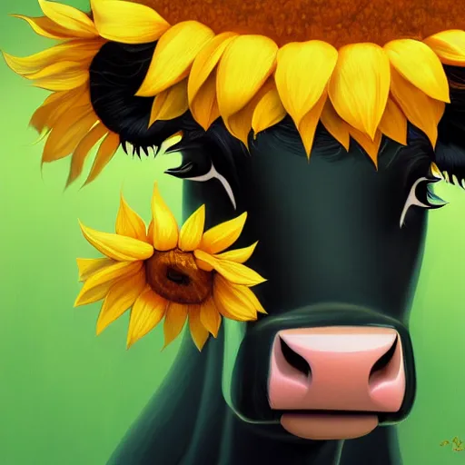 Image similar to the face of a cow with big sunflowers surrounding it, lois van baarle, ilya kuvshinov, rossdraws, artstation