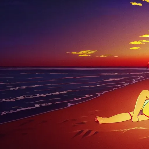 Image similar to girl laying in the sand next to ocean in sunset, sprite, vaporwave nostalgia, visual novel cg, 8 0 s anime vibe, kimagure orange road, maison ikkoku, initial d, drawn by by rumiko takahashi, directed by hideki anno, wallpaper, ultra hd, vlc screenshot