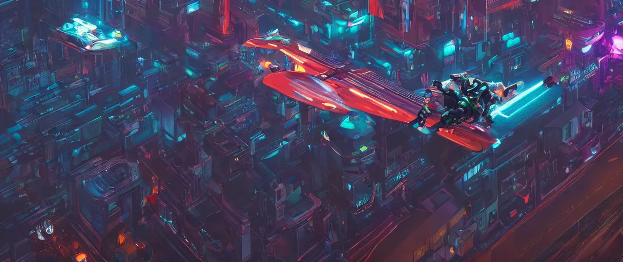 Prompt: an android on a flying motorcycle in a glowing neon cyberpunk retro futurism city at dawn by Ralph McQuarrie, unreal engine, cinematic atmosphere, establishing shot viewed from above