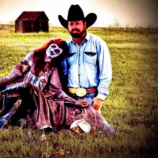 Prompt: a cowboy standing next to a dead girl, the cowboy is smiling.