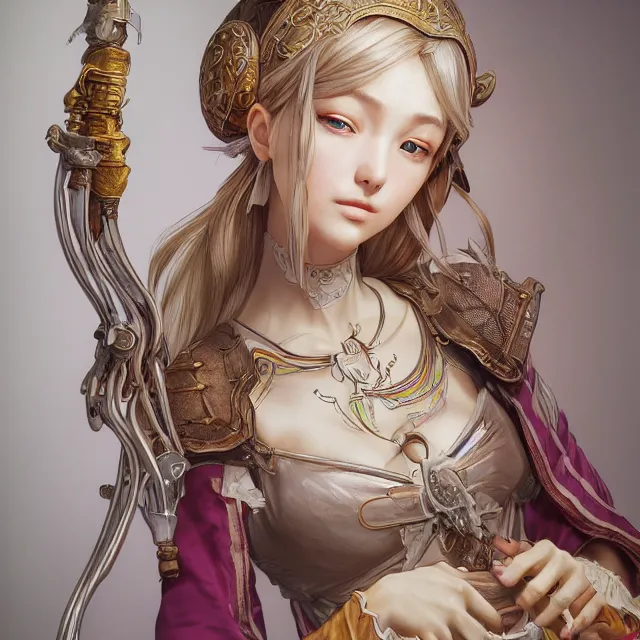 Prompt: studio portrait of neutral good colorful female cleric bard healer as absurdly beautiful, elegant, realistic young skinny gravure idol, ultrafine hyperrealistic detailed face illustration by kim jung gi, intricate linework, sharp focus, bright colors, matte, octopath traveler, final fantasy, unreal engine highly rendered, global illumination, radiant light, intricate environment