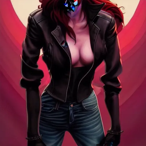 Image similar to rafael albuquerque comic art, peter mohrbacher, steve niles, artgerm, pretty scarlett johansson vampire sharp vampire teeth open mouth, symmetrical eyes, black leather jacket, jeans, long blonde hair, full body