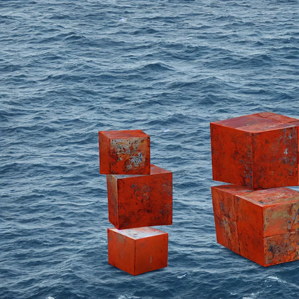 Prompt: an art instillation of a cube in the middle of the ocean, slightly rusting, made by richard sera, 8k photograph, highly detailed