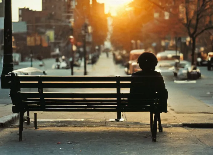 Prompt: a 35mm photograph from the back of a woman sitting on a bench in Harlem, New York City in the 1960's at sunset, bokeh, Canon 50mm, cinematic lighting, photography, retro, film, Kodachrome, award-winning, rule of thirds, golden hour