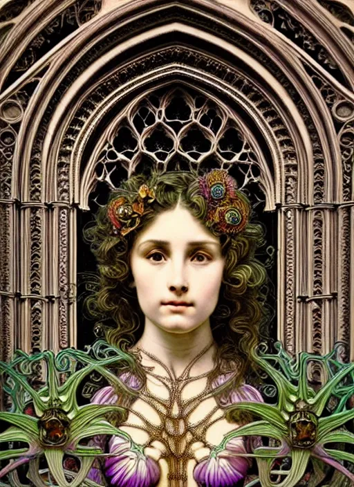 Prompt: hyperrealistic detailed face portrait of a beautiful young goddess morphing into a gothic cathedral, authentic ornamental architecture, intricate and highly detailed, awe inspiring art by ernst haeckel, h. r. giger, alphonso mucha, raphael, gothic, neo - gothic, heavily ornamental, nice deep colours,