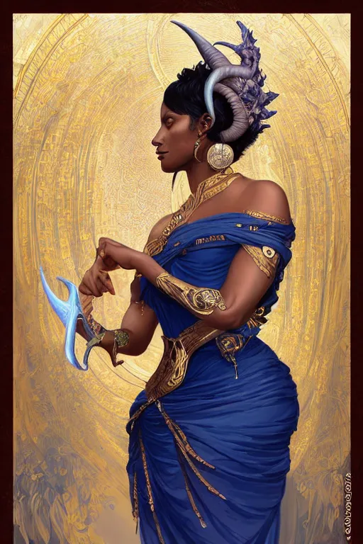 Image similar to a beautiful deep blue skinned woman, big ram horns, flowing dress, gold jewellery, dnd, face, fantasy, intricate, elegant, highly detailed, digital painting, artstation, concept art, smooth, sharp focus, illustration, art by artgerm and greg rutkowski and alphonse mucha