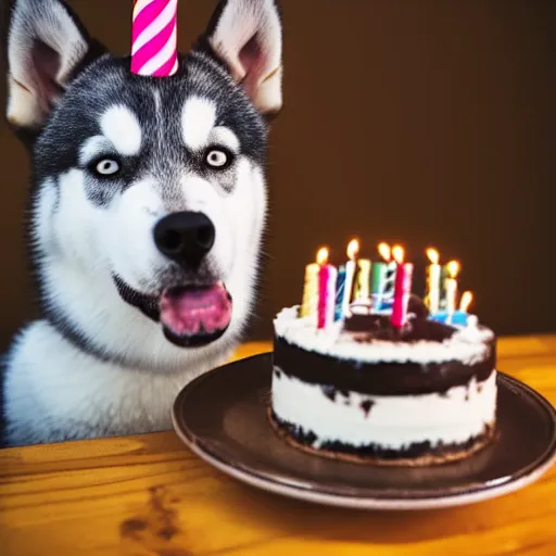 Image similar to a high - quality photo of a cute husky with a birthday cake, 4 5 mm, f 3. 5, sharpened, iso 2 0 0, raw, food photography