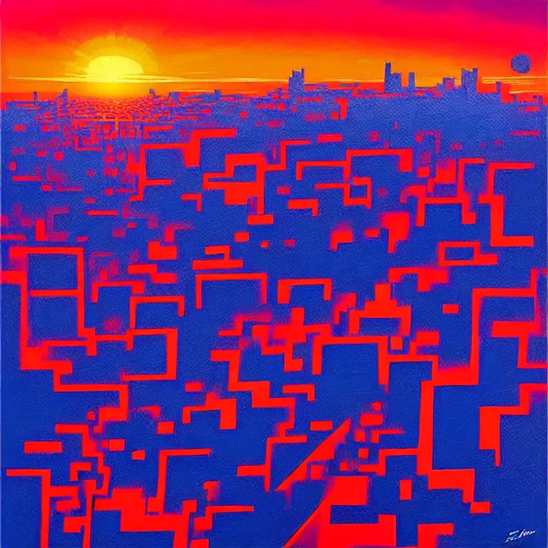 Image similar to birdseye view of a sunrise over a city, art by earle, eyvind