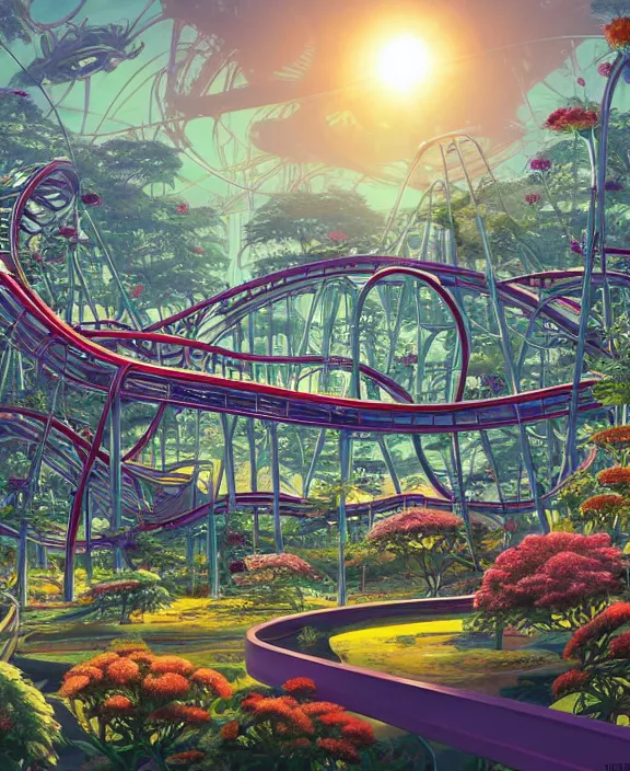 Image similar to simplicity, elegance, a roller coaster building made out of bizarre organic creatures, in the style of a streamlined asymmetrical spaceship, overgrown with flowers, sun - drenched environment, by dan mumford, yusuke murata, makoto shinkai, ross tran, cinematic, unreal engine, cel shaded, featured on artstation, pixiv