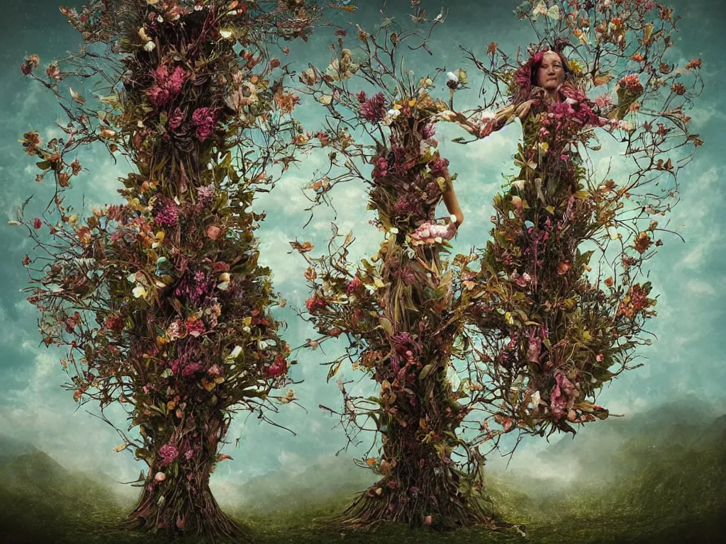 Prompt: a artistic multicalors zoom out picture with singular human -tree with crown like mycelium blossom branches highly detailed, flowers and plants by Alberto Seveso, by Alessio Albi, by Albert Bierstadt and by Agnes Lawrence Pelton