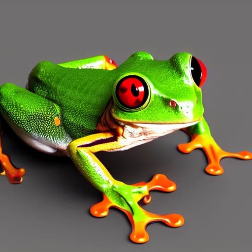 Prompt: a red - eyed tree frog with one eye, 3 d model, high quality, sharp focus, octane render