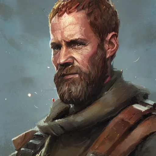 Image similar to portrait of a man by greg rutkowski, a jedi commander, scottish features, short copper hair, short beard, straight jaw, wise appearance, wearing the tactical gear of the galactic alliance, star wars expanded universe, he is about 4 0 years old, highly detailed portrait, digital painting, artstation, concept art, smooth, sharp foccus ilustration, artstation hq