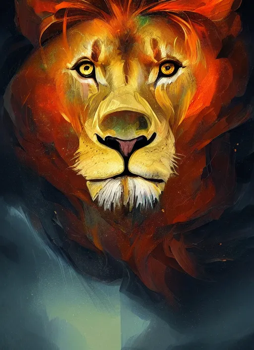 Image similar to a painting of a lion's face with orange and yellow smoke coming out of, a digital painting by petros afshar, behance contest winner, digital art, behance hd, digital illustration, digital painting