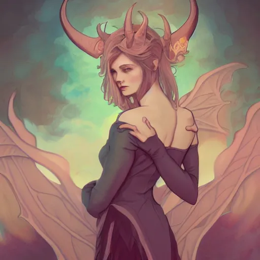 Image similar to Female human-dragon hybrid with horns and wings, ambient lighting, 4k, alphonse mucha, lois van baarle, ilya kuvshinov, rossdraws, artstation