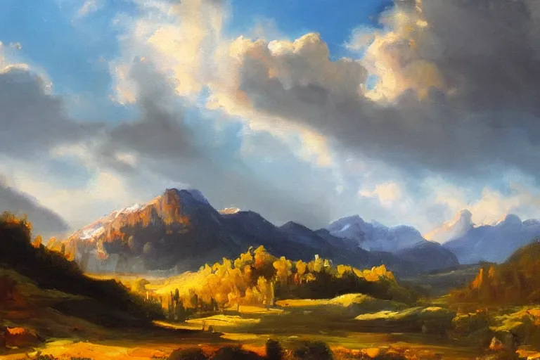 Image similar to a beutiful oil painting of a landscape, dramatic lighting, clouds in the sky, mountains