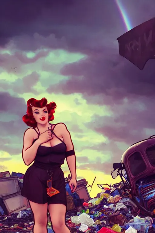 Prompt: pinup in mini short with backpack looking at food at garbage dump, destroyed cars, city is pure wasteland, moody sunset background, rays of sunlights, ( ( ( rainbow ) ) ), high details, sharp, photorealism, cinematic, greg rutkowski, alphonse mucha, trending on artstation, artgerm, unreal engine, highly detailed