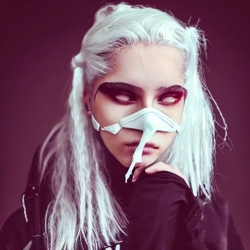 Image similar to very cool girl, white hair girl with mask, streetwear, techwear, cyberpunk style outfit, full body nose piercing, detailed portrait, intricate composition